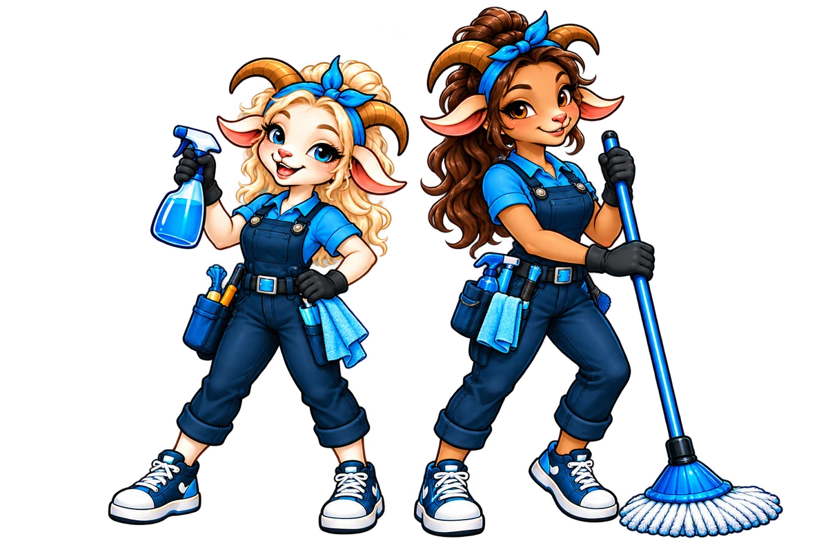 Two smiling female goat mascots: a shorter blonde holding a spray bottle and a taller brunette holding a mop